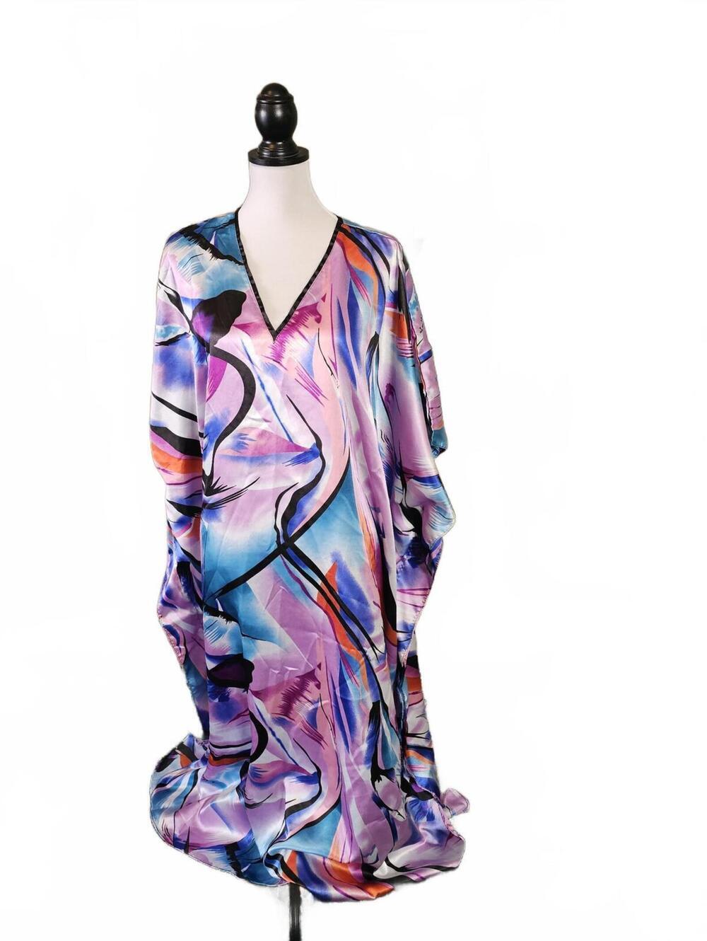 Women’s Abstract Print Caftan Maxi Dress One Size Polyester V-Neck - Picture 2 of 6